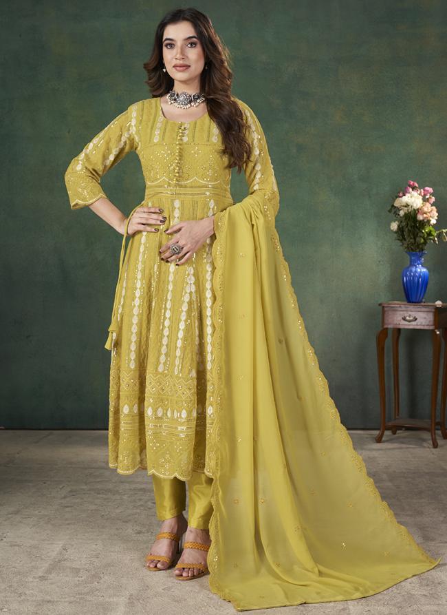 Georgette Yellow Festival Wear Embroidery Work Anarkali Suit